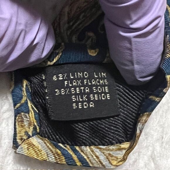 Ermenegildo Zegna Gold Black Paisley Print Silk Linen Necktie - Picture 6 of 7